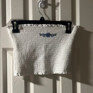 Reversible White Smocked Tube Top with Blue Embroidery